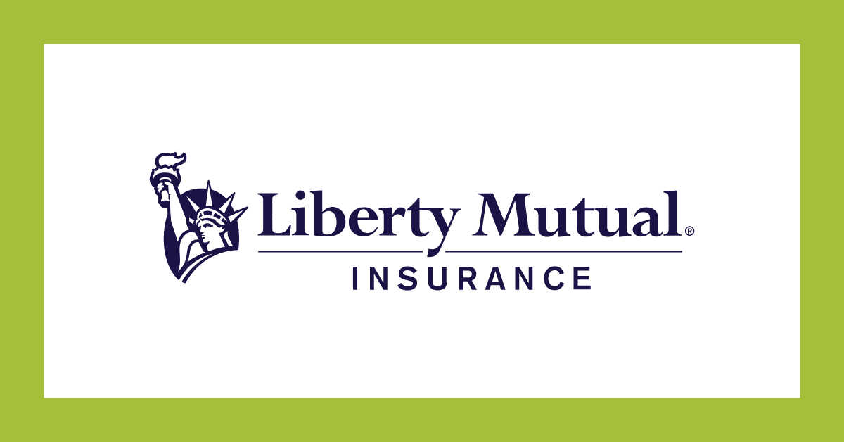 Liberty Mutual Insurance logo in navy on a white background with a lime green border
