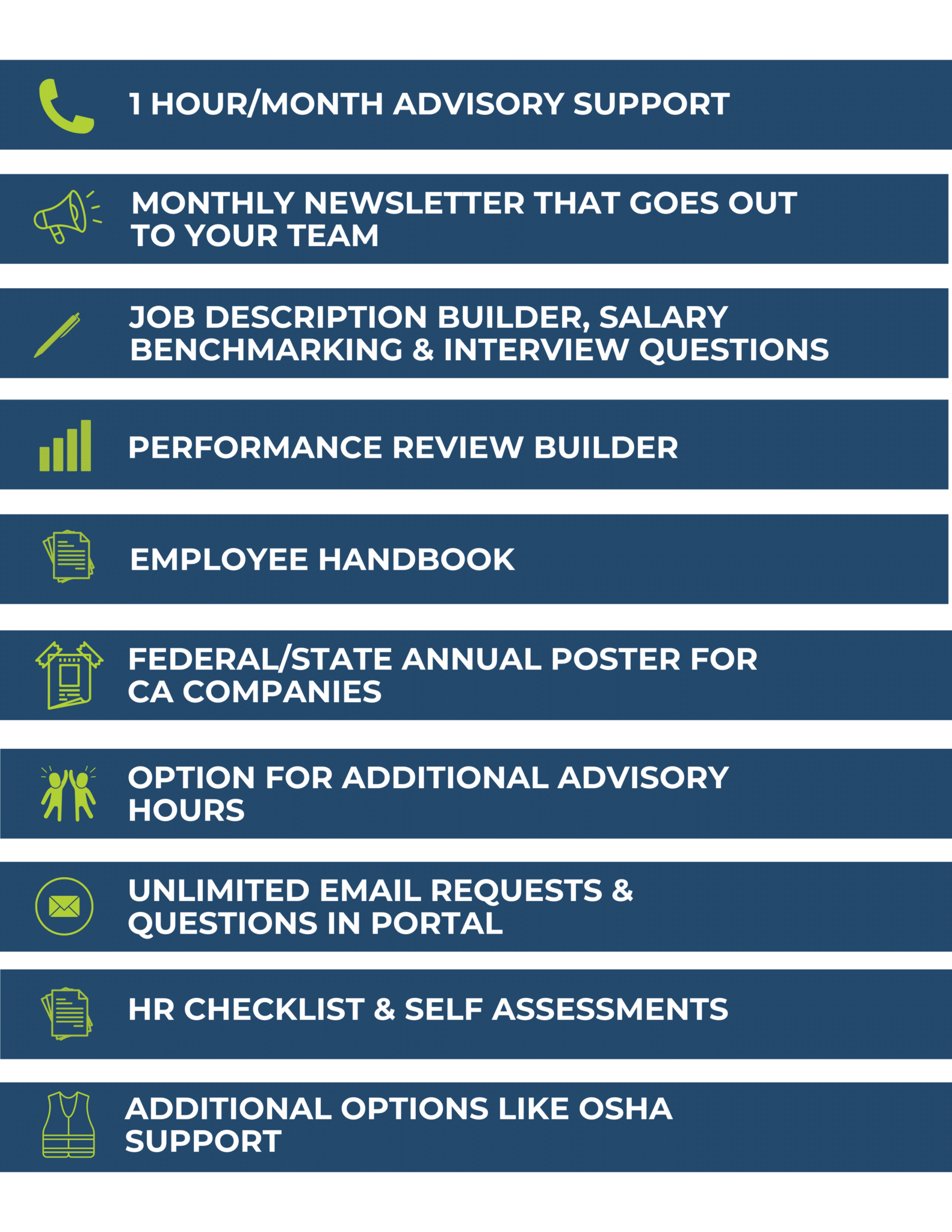 Blue list of HR support services with icons, including monthly newsletter, job description builder, performance reviews, and handbook.