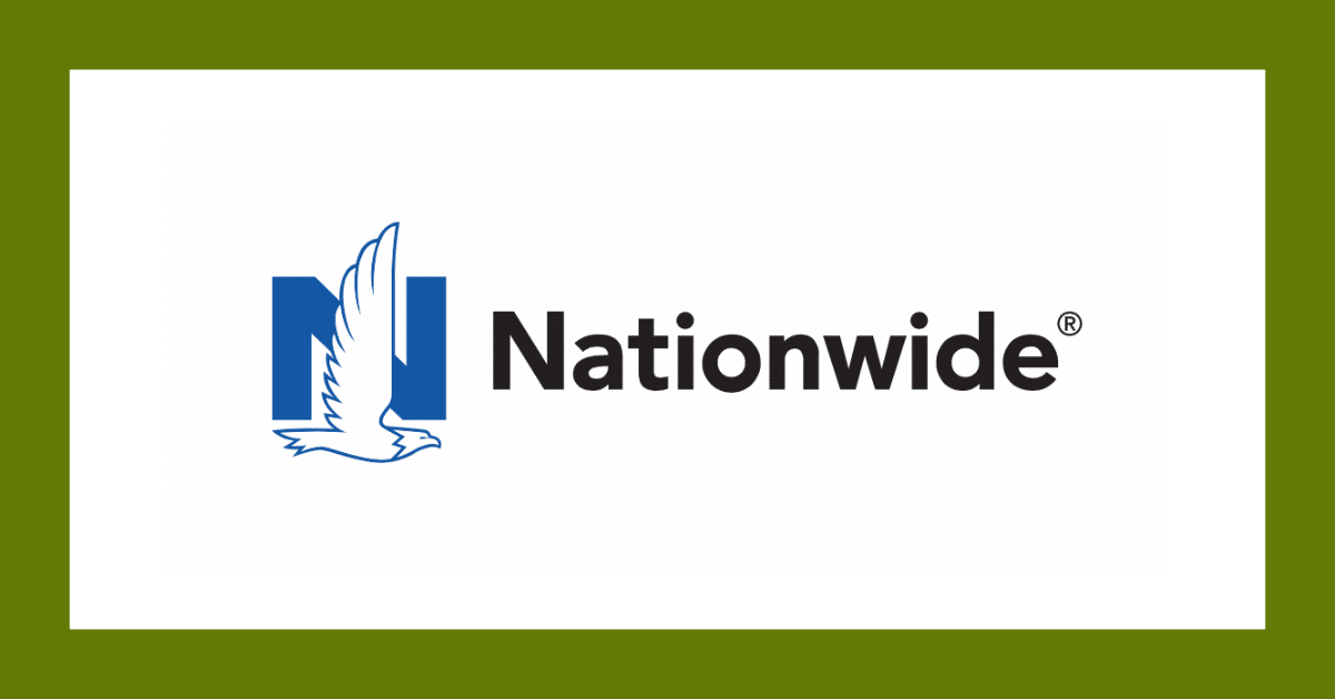 Nationwide logo with blue icon and black text on a white background with green border