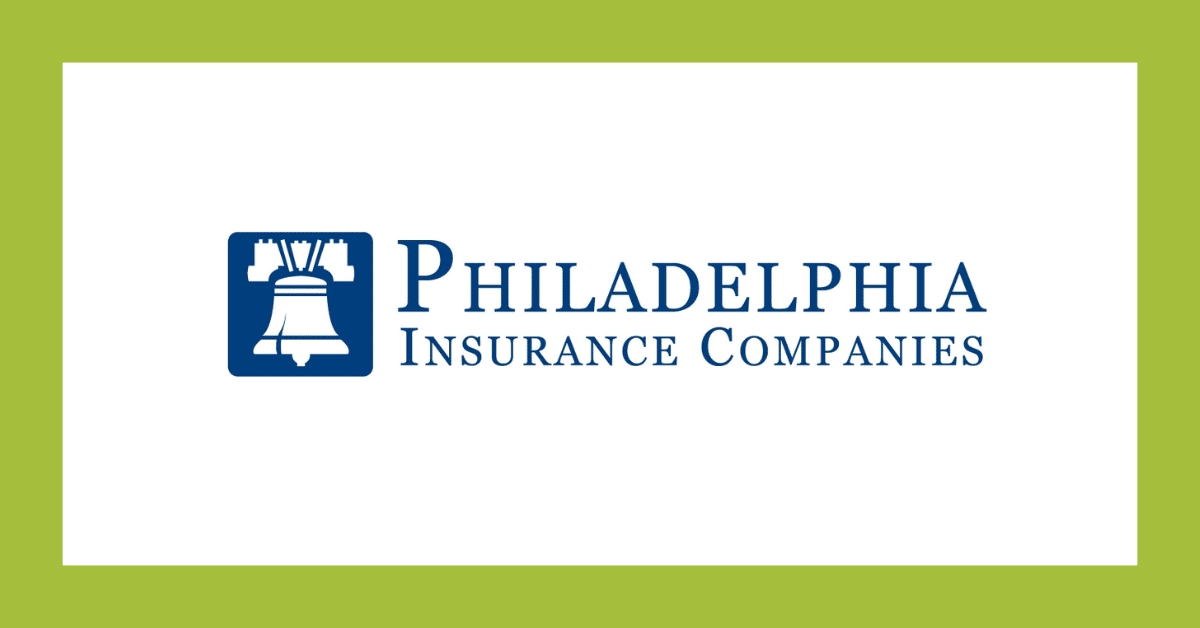 Philadelphia Insurance Companies logo in blue on a white background with green border