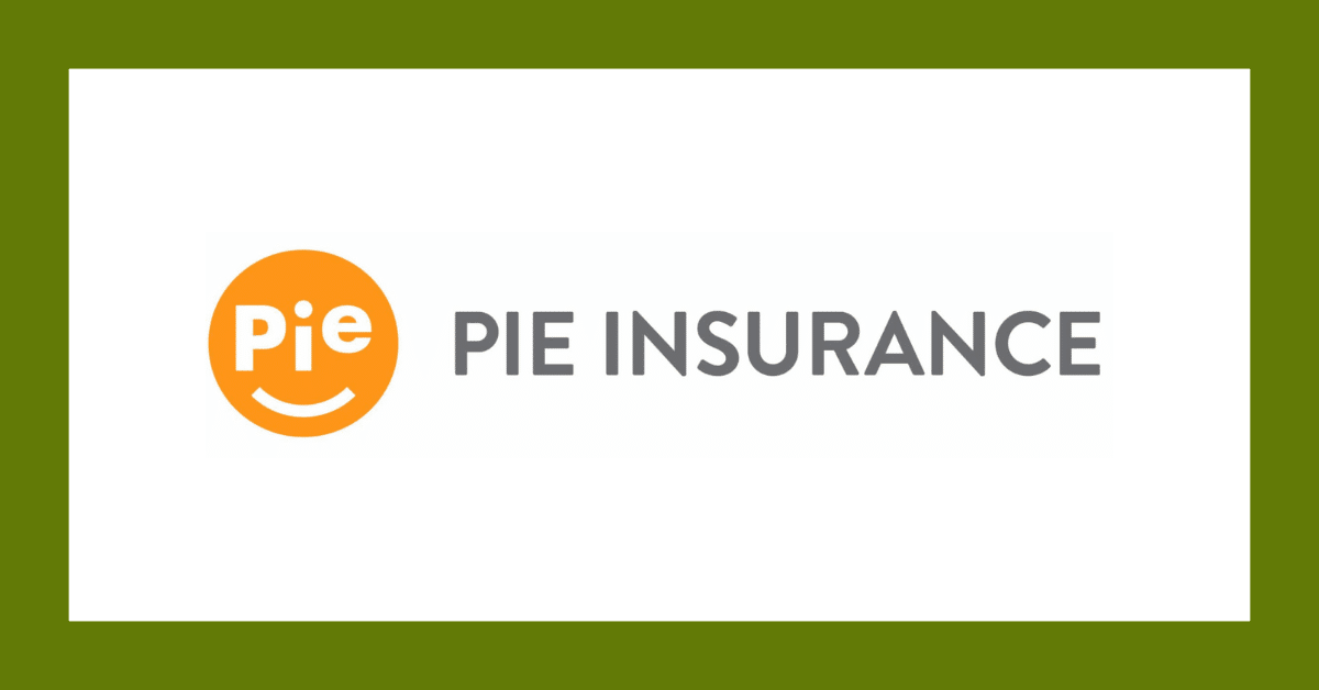 Pie Insurance logo with orange circle icon and gray text on white background, framed by a green border
