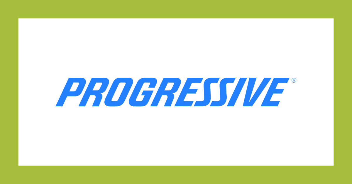 Progressive logo in blue italic text on a white background with a lime green border