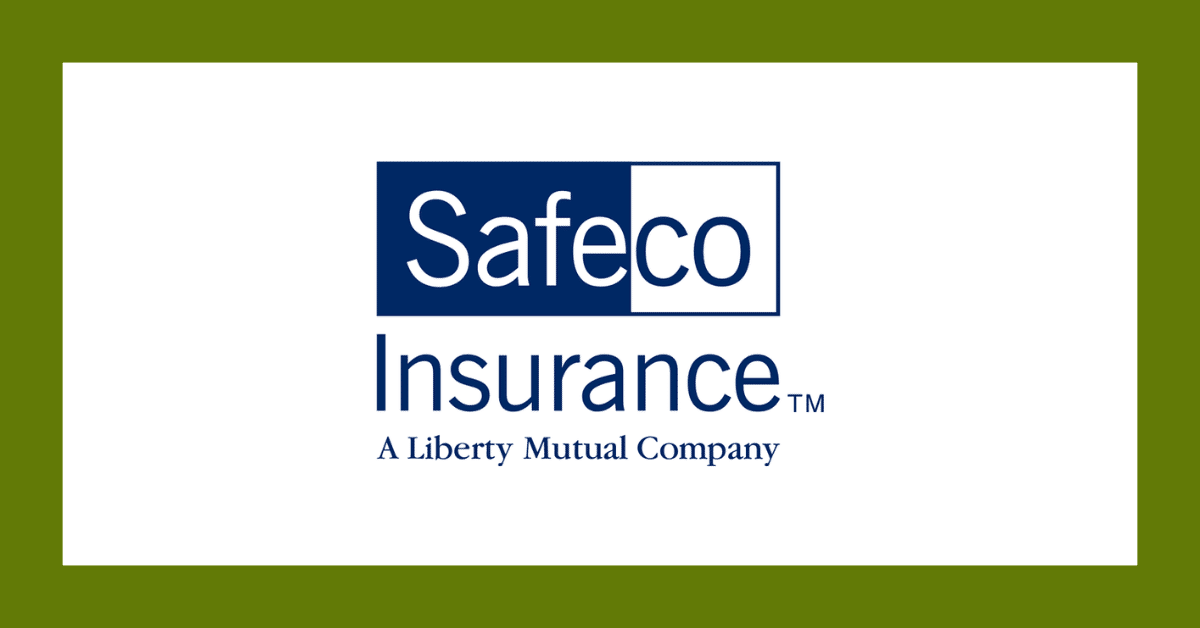 Safeco Insurance logo with blue text and green border on a white background