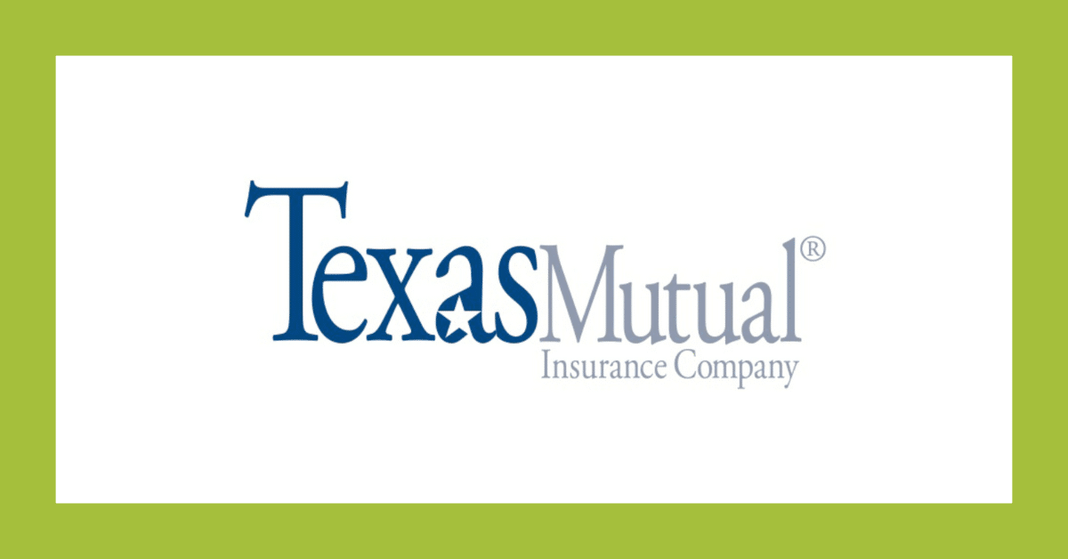 Texas Mutual Insurance Company logo in blue and gray on a white background with a green border