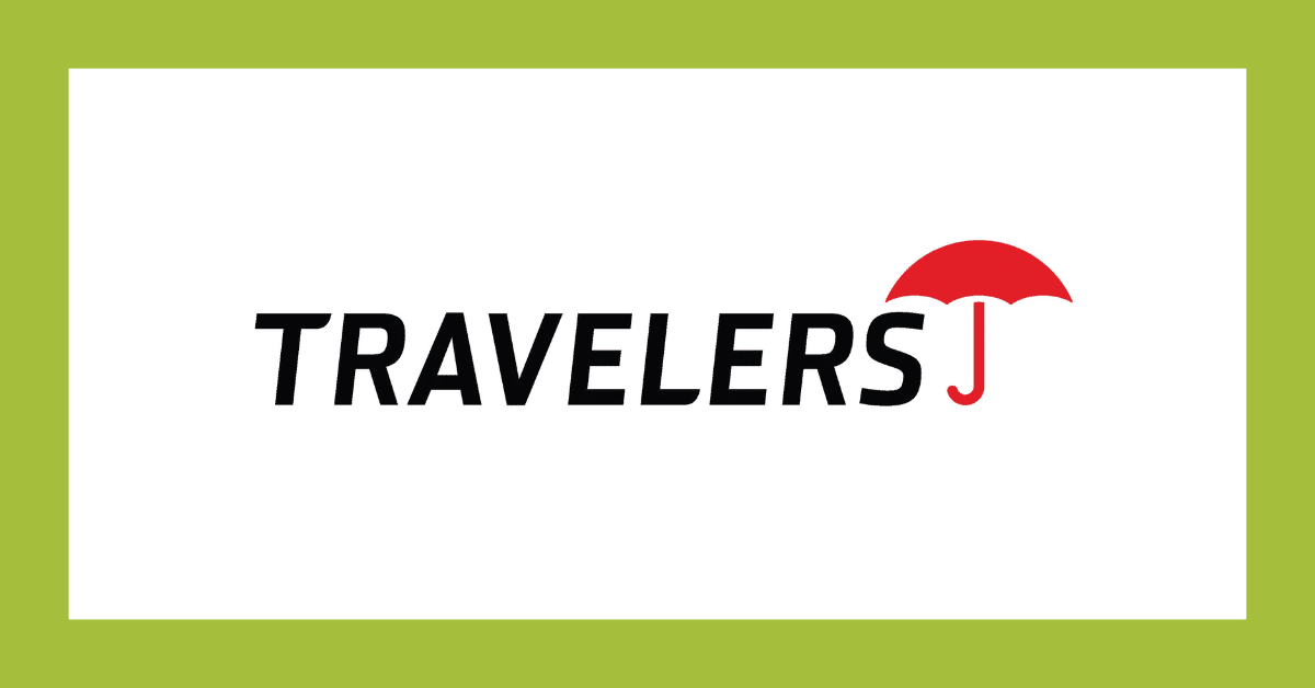 Travelers logo in black text with a red umbrella over the “J” on a white background with green border