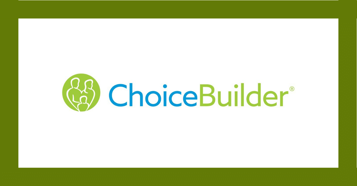 ChoiceBuilder logo in blue and green on a white background with an olive border
