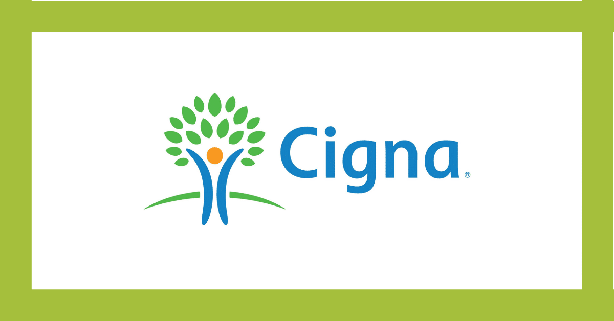 Cigna logo with blue wordmark and green tree-and-human icon on a white background
