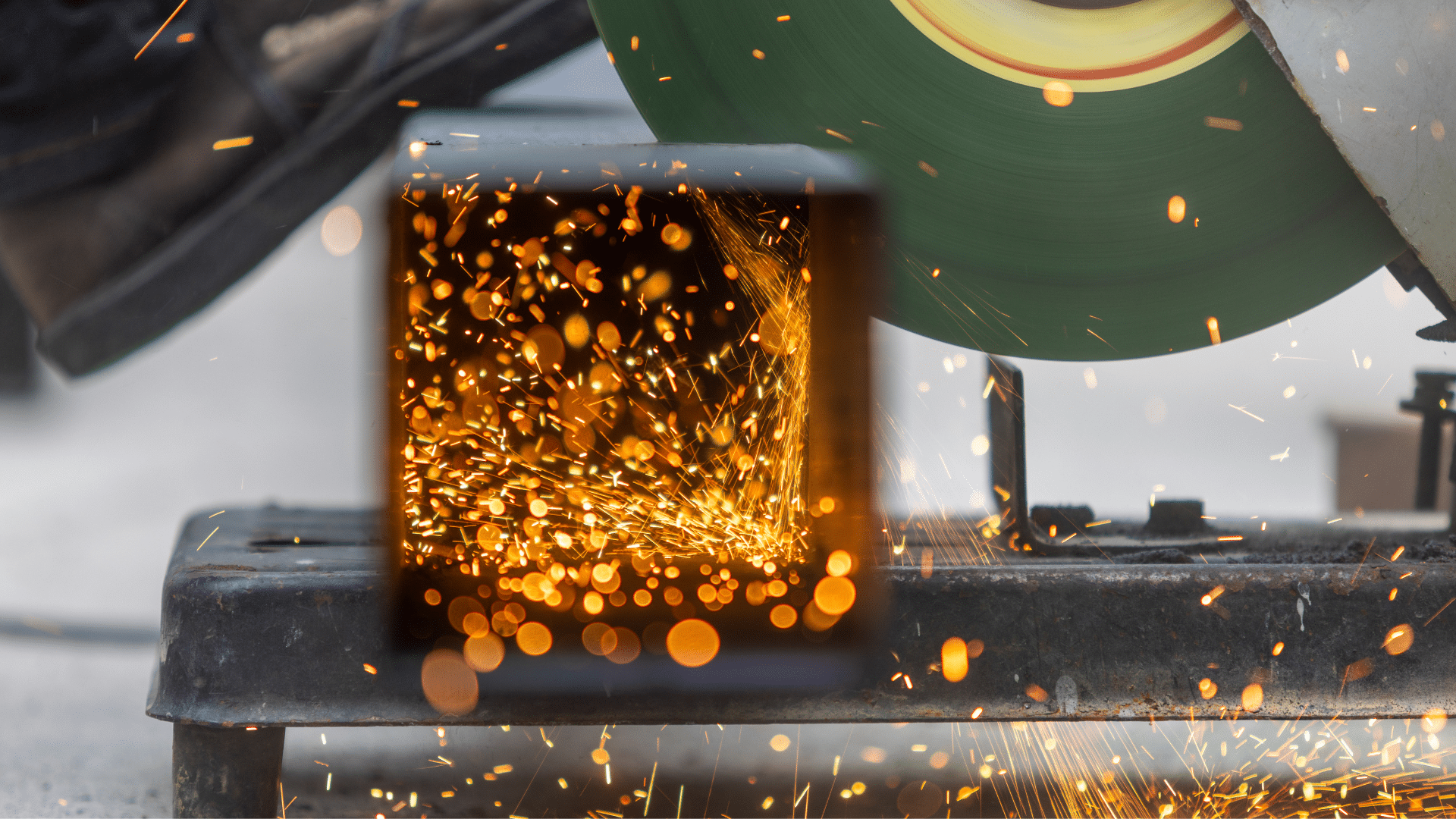 Grinding sparks fly from a metal saw cutting a dark block on a workbench