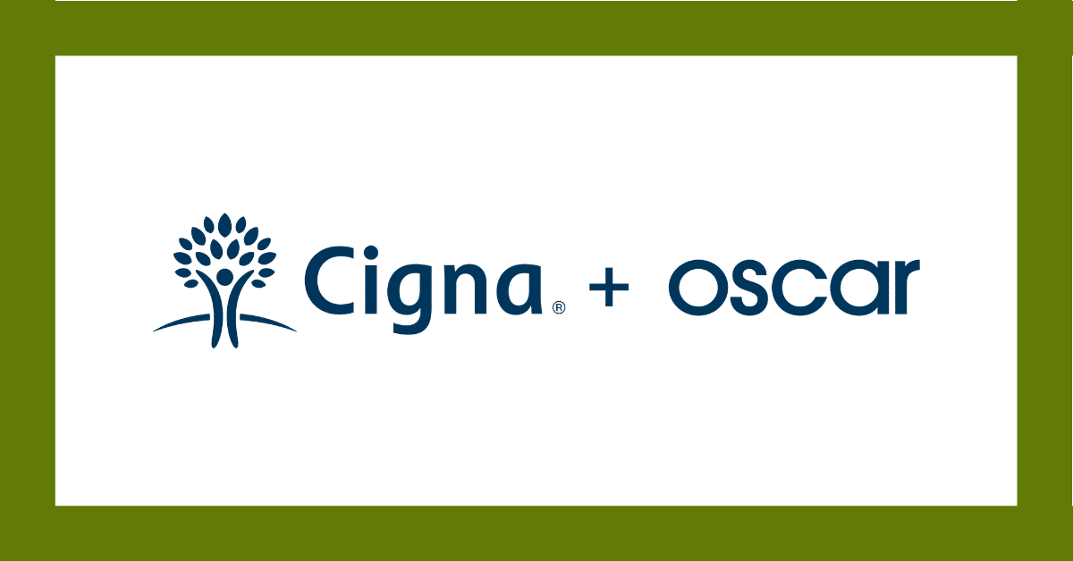Cigna + Oscar logo on a white background, framed by an olive-green border