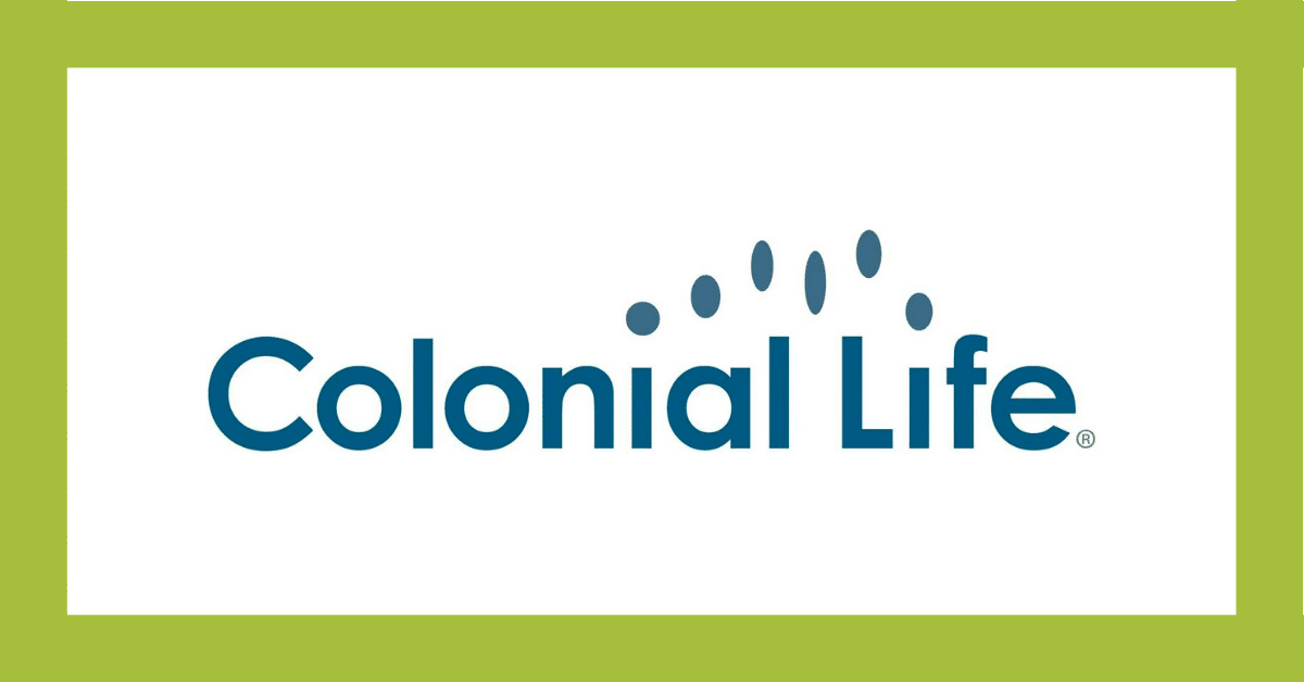 Colonial Life logo in blue text with teal icon on a white background and lime green border