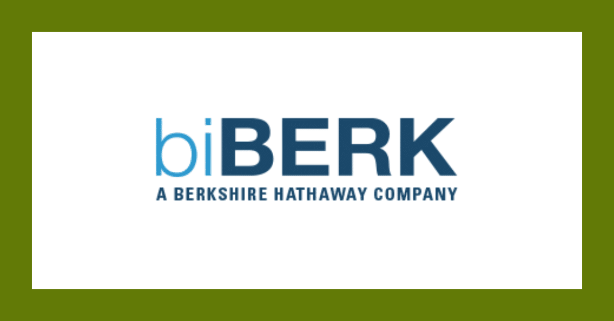 BiBERK logo with blue and black text, “A Berkshire Hathaway Company,” on a white background with green border