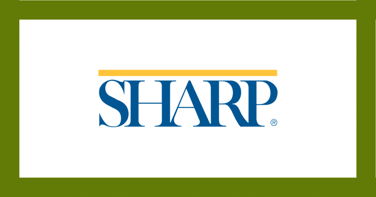 SHARP logo in blue with an orange line above, centered on a white background with a green border
