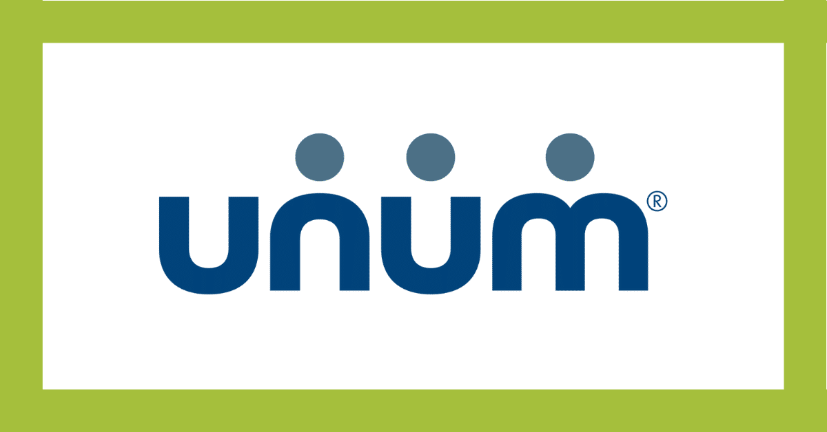 Unum logo in blue lowercase letters with three blue dots above, on a white background with green border