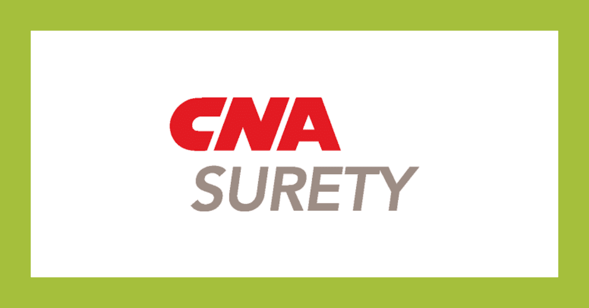 CNA Surety logo in red and gray on a white background with a green border