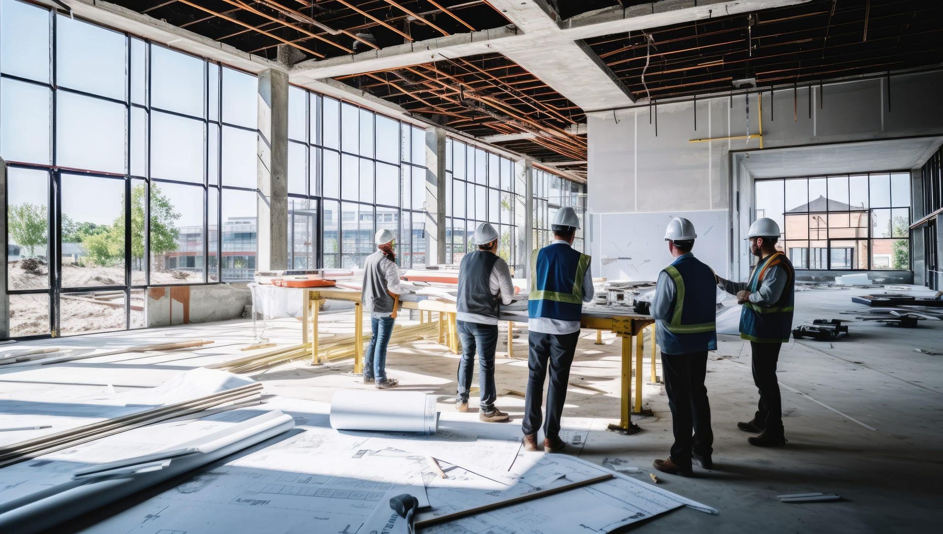 Construction workers inspecting a building site with exposed beams, large windows, and scattered materials