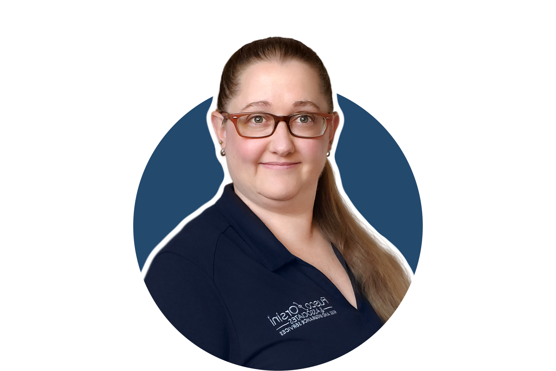 Portrait of a person with glasses and a navy shirt against a blue circular background