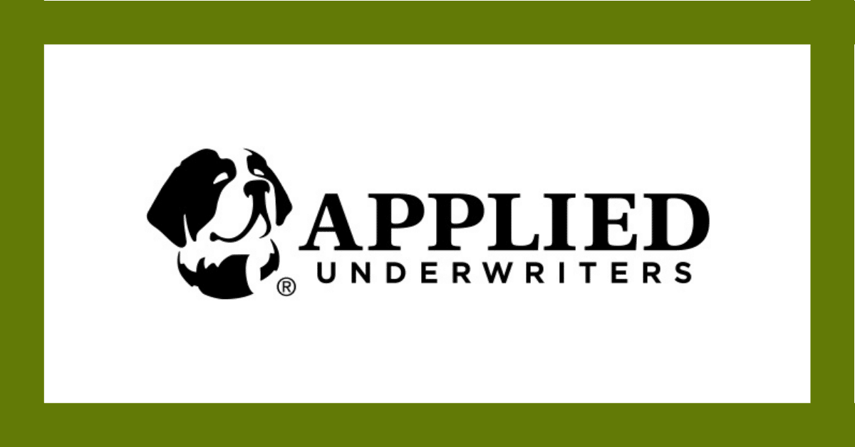 Applied Underwriters logo with black dog icon and text on white background with green border