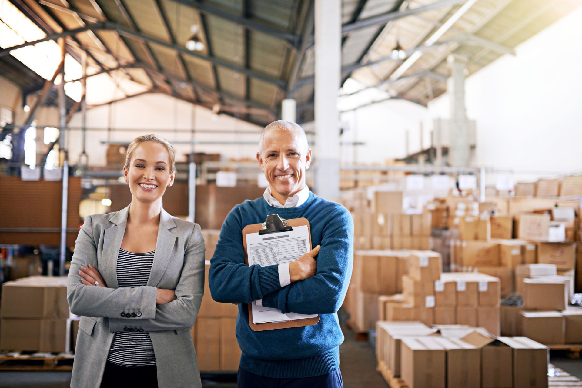 Two warehouse staff stand smiling with arms crossed among stacked boxes in a storage facility.