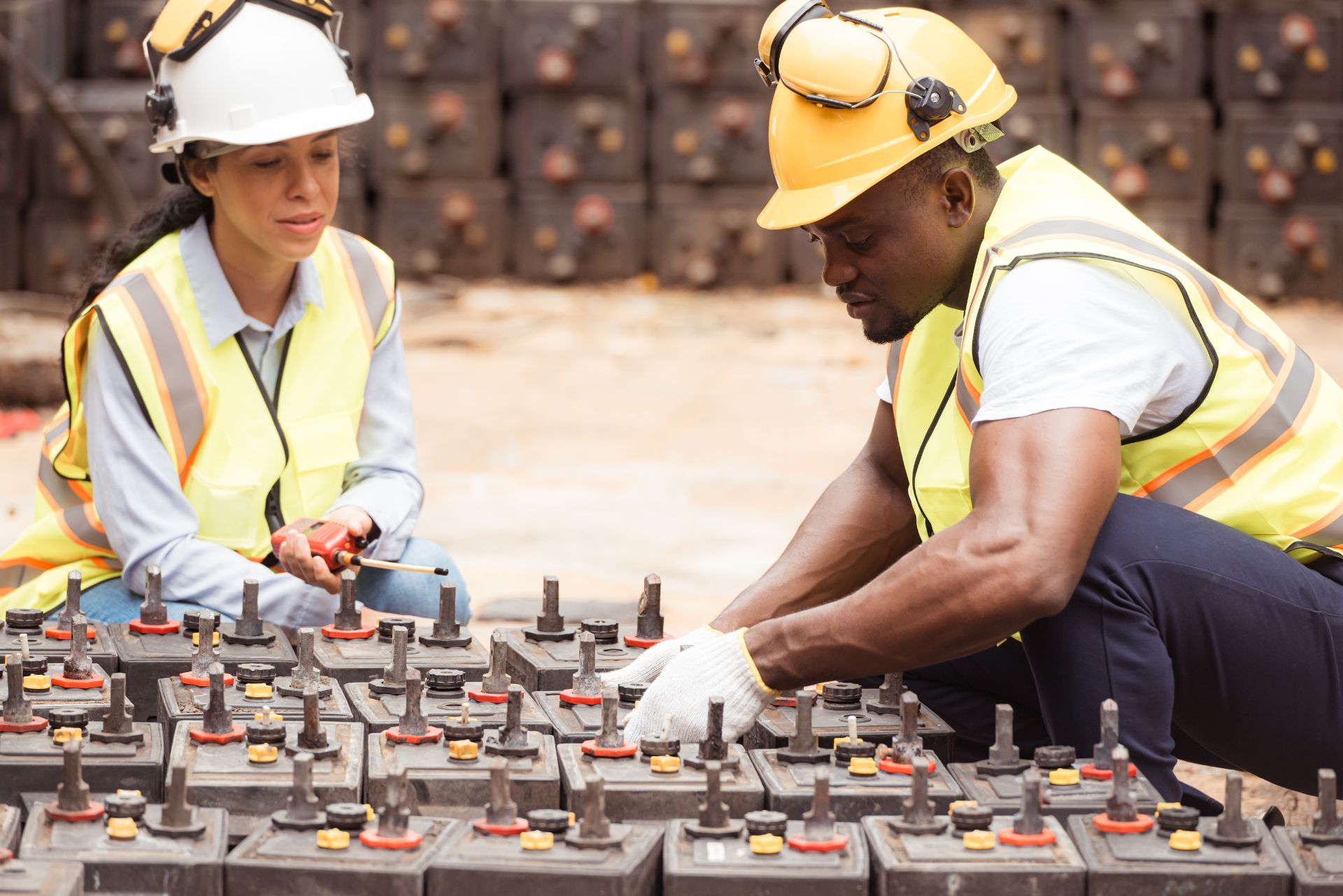 Two workers in hard hats inspecting industrial batteries in a warehouse