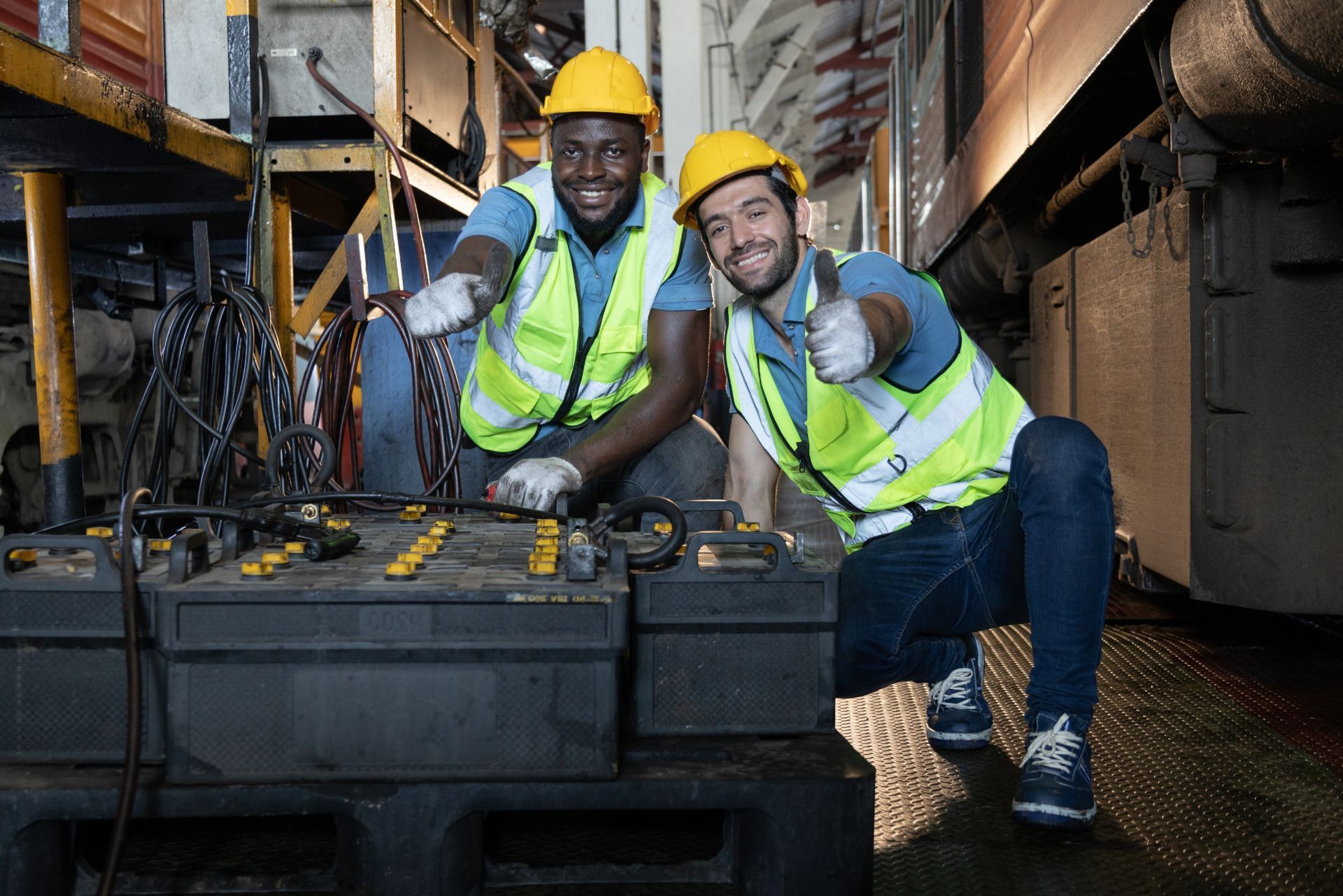 Two utility workers in hard hats inspect equipment in a warehouse aisle, smiling at the camera.