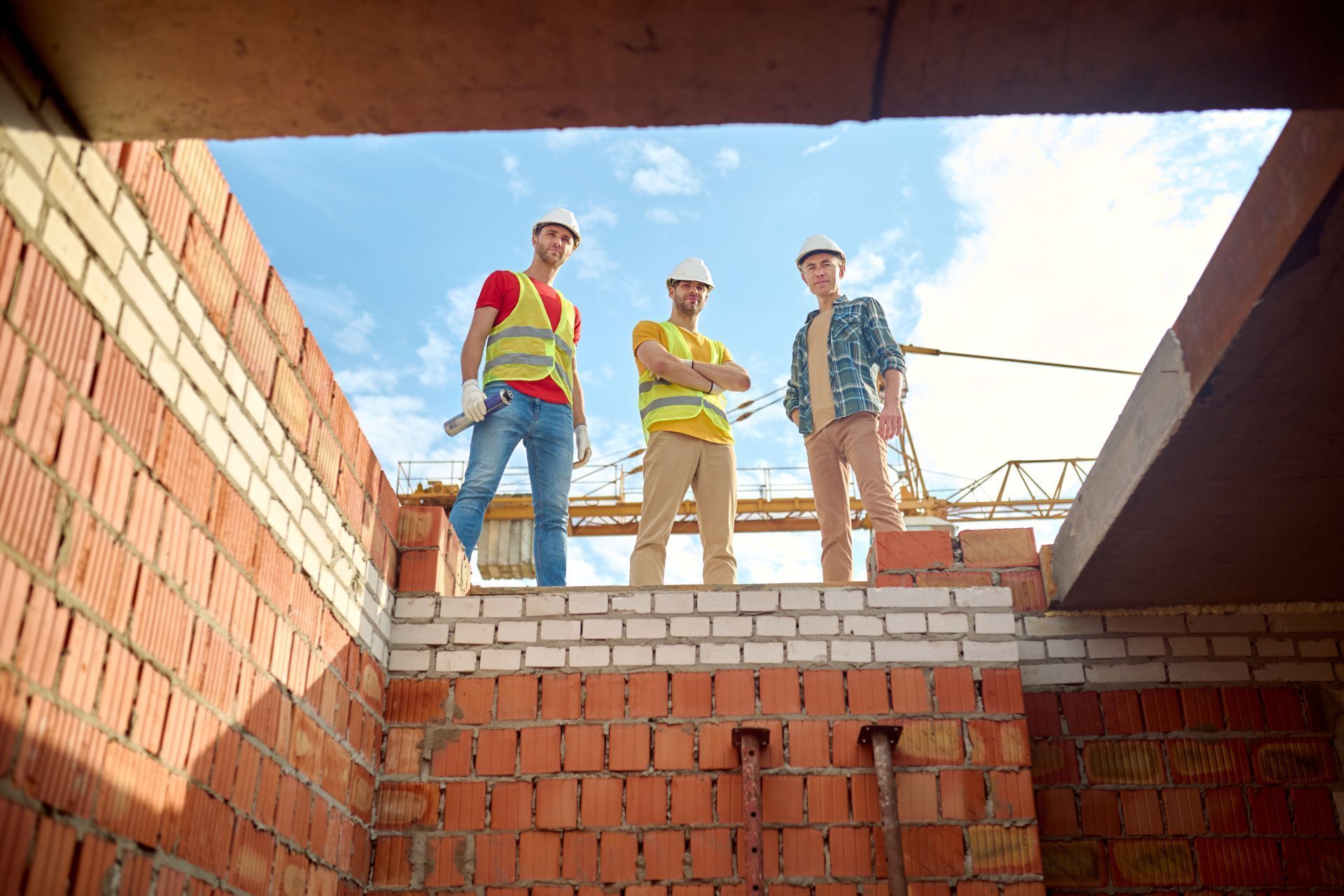 Three construction workers in hard hats and safety vests stand atop a brick building frame under a blue sky.
