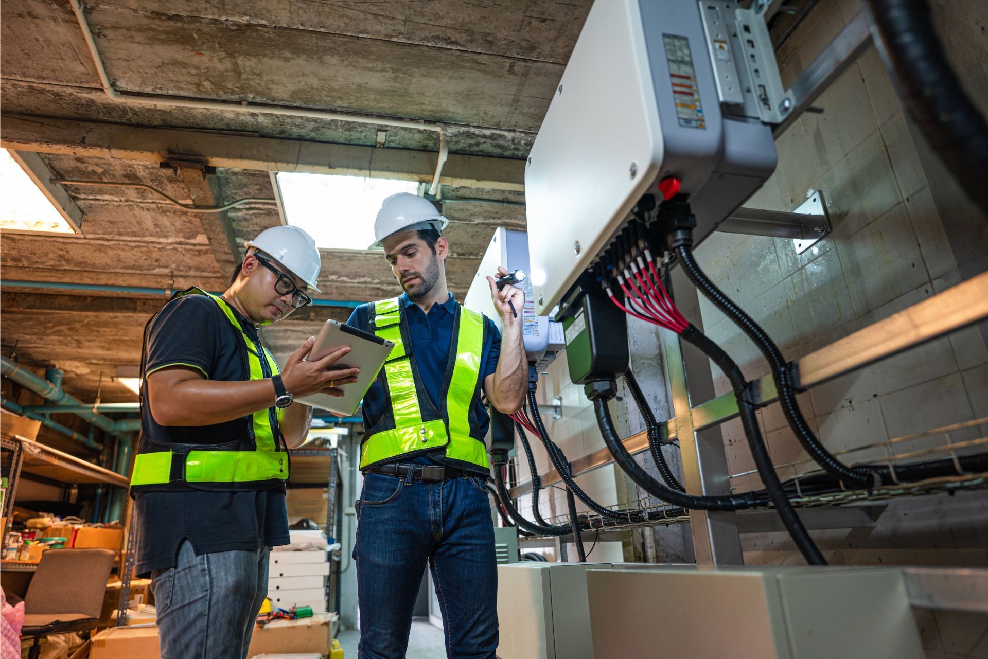 Two workers in hard hats and high-visibility vests examine a solar inverter mounted on a concrete wall using a tablet.