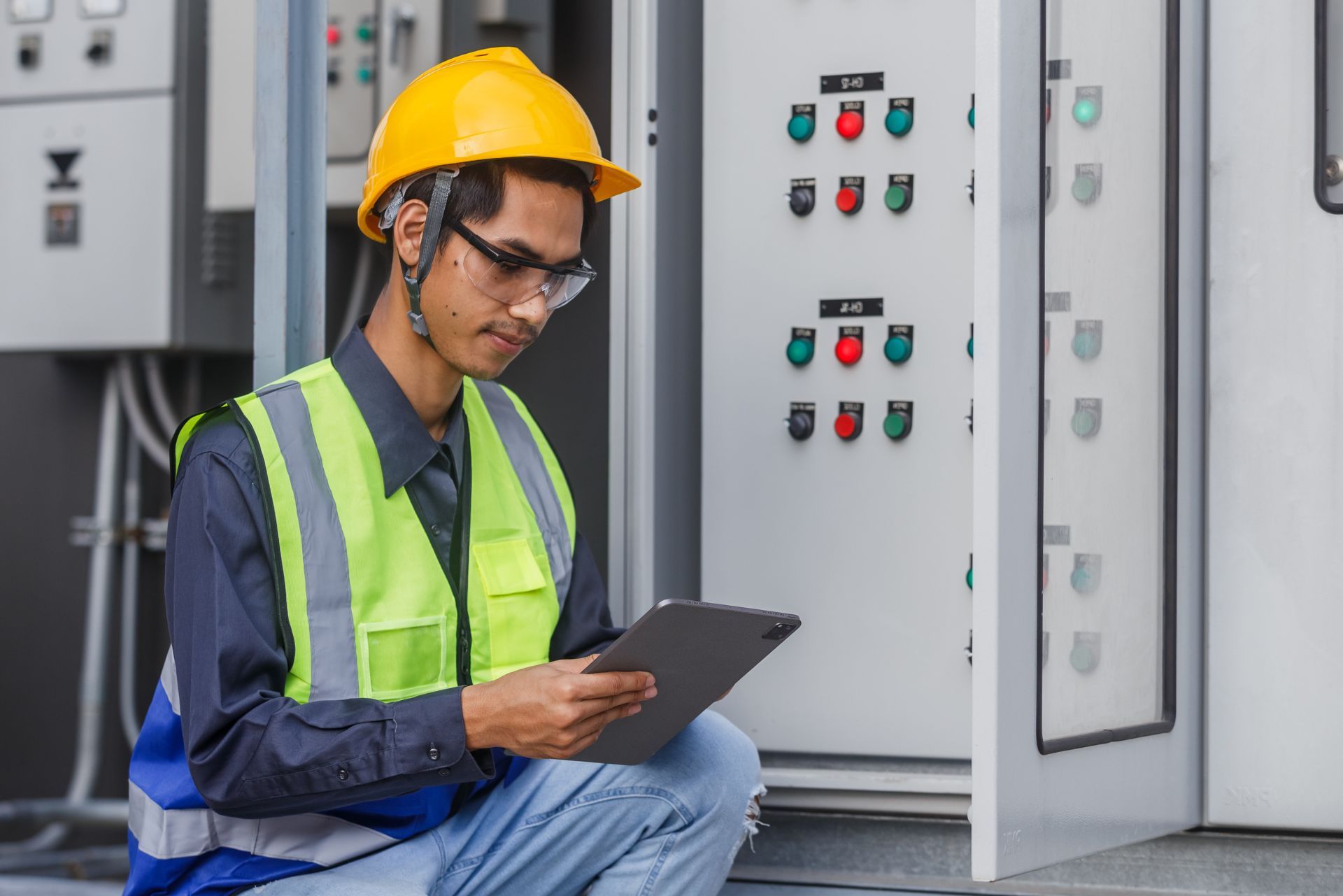 Technician in a hard hat and safety vest reviewing data on a tablet next to an open industrial control panel.