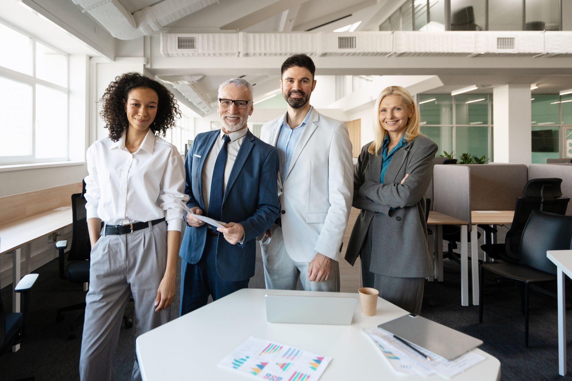 Four professionals standing in a modern office, gathered around a desk with documents and a laptop.