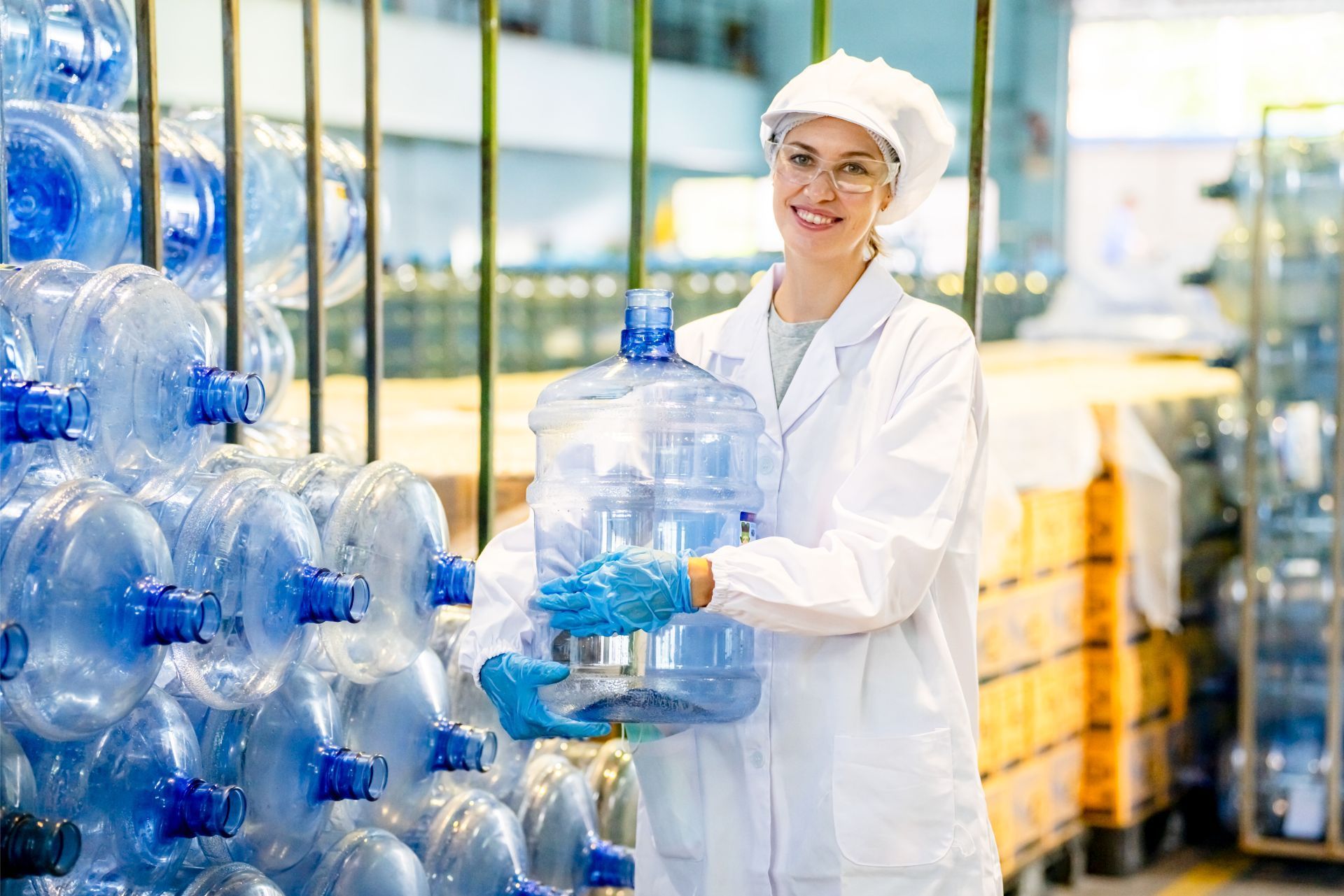 Worker in white uniform and hairnet holding large water bottles in a bottling plant