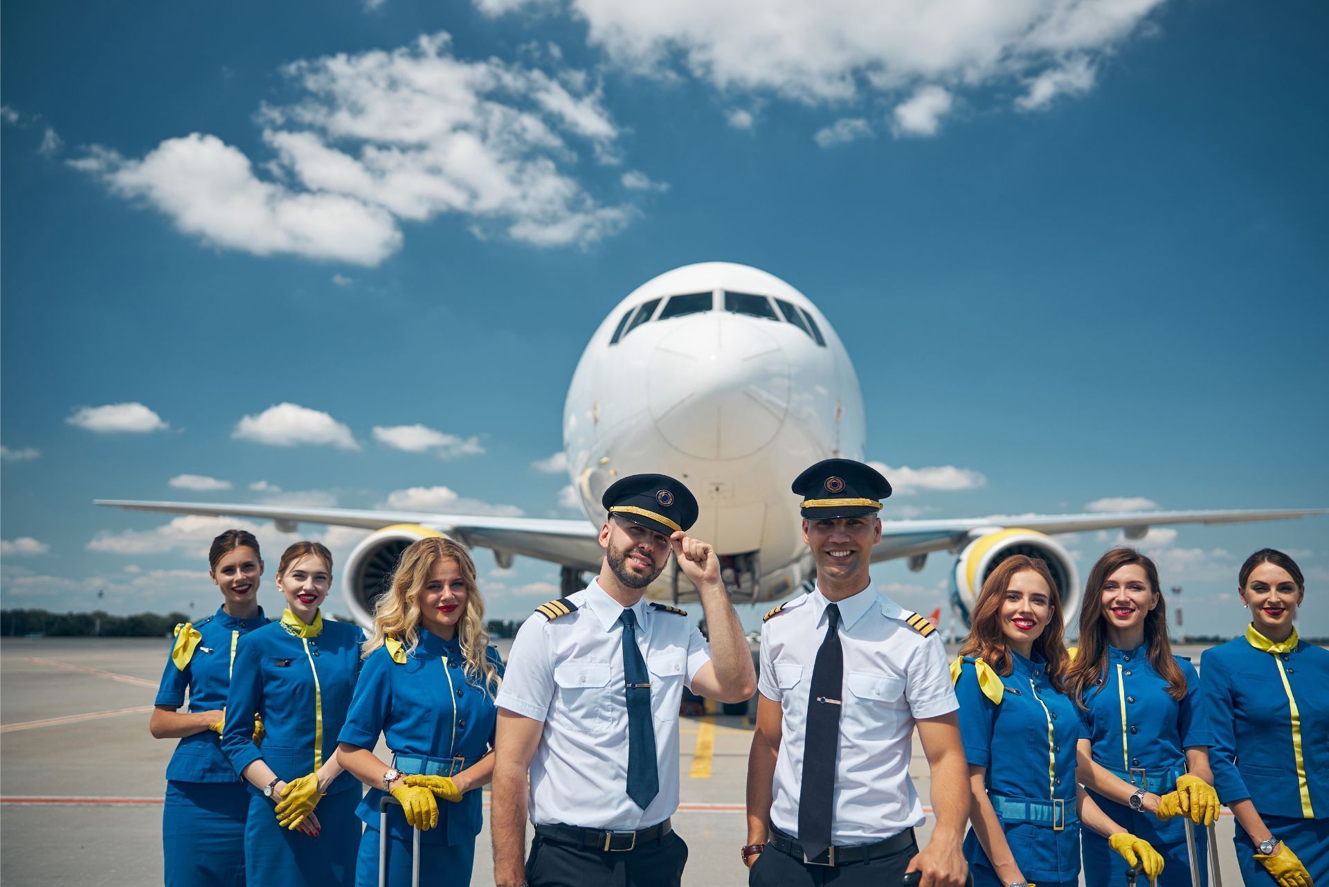 Airline crew in blue uniforms posing on airport tarmac in front of a passenger jet