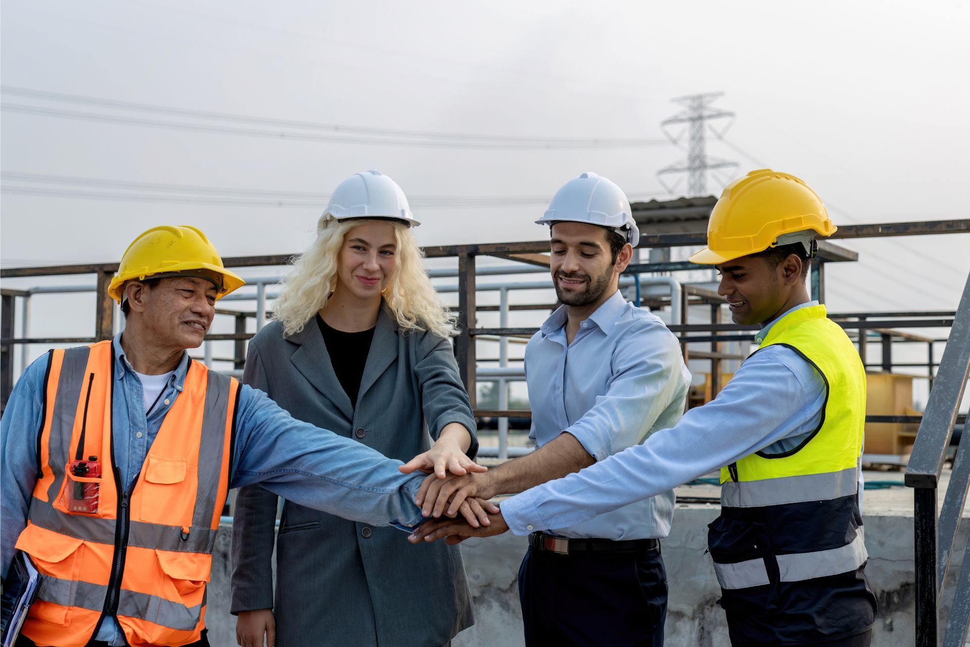 Construction team in hard hats and safety vests stacking hands at a job site outdoors