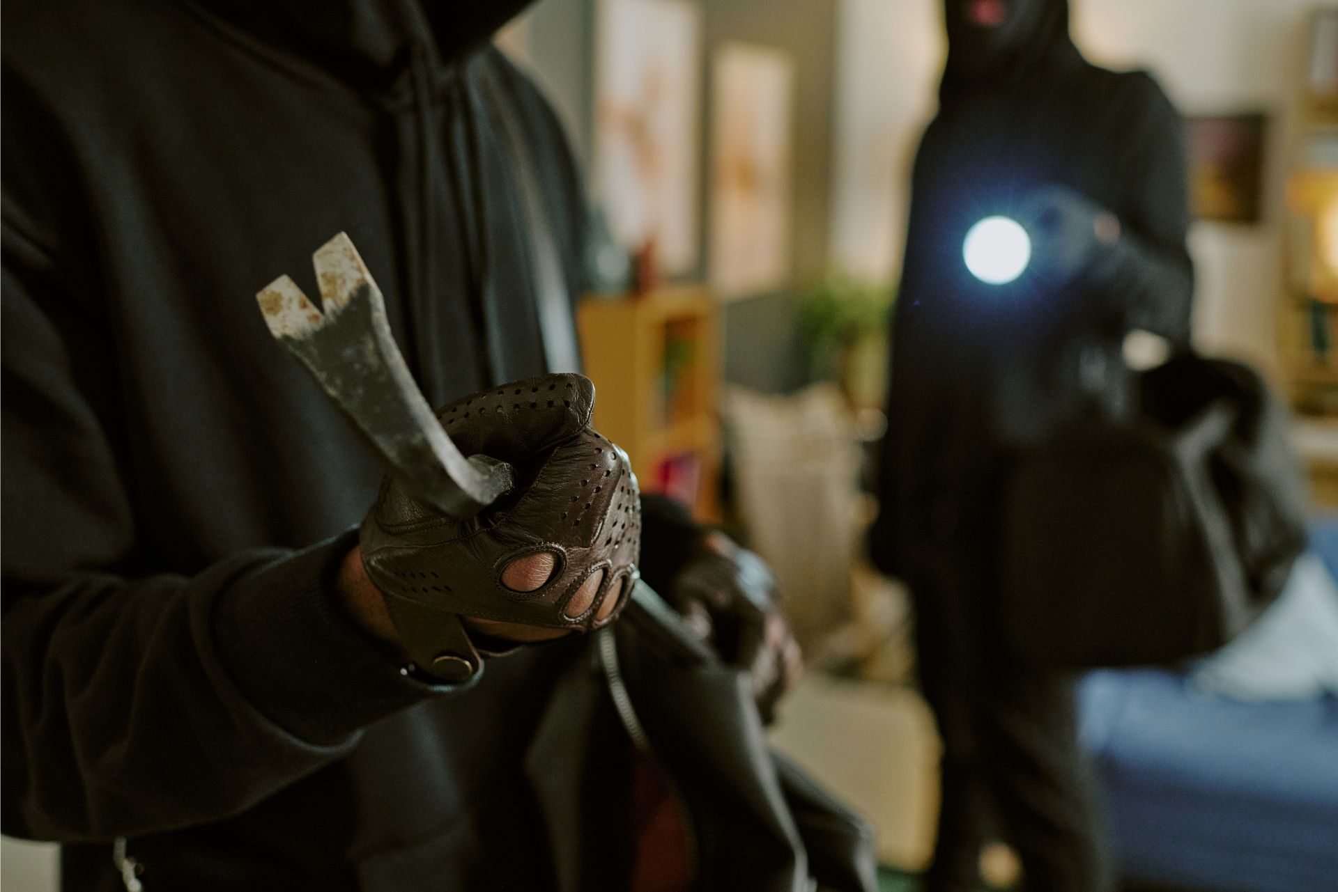 Person holding a bird in a dim indoor setting, with another blurred figure in the background