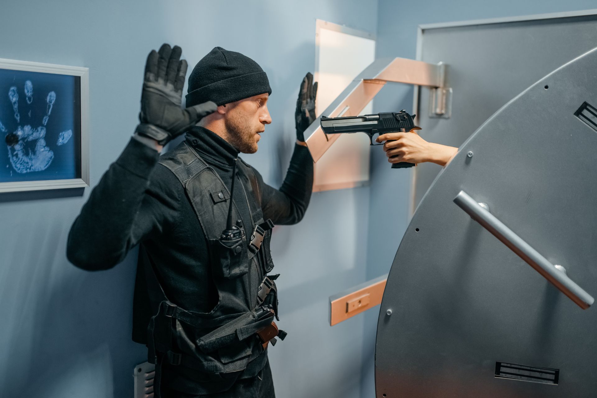 Armed officer surrendering with hands raised as a handgun points at him in a metal door doorway