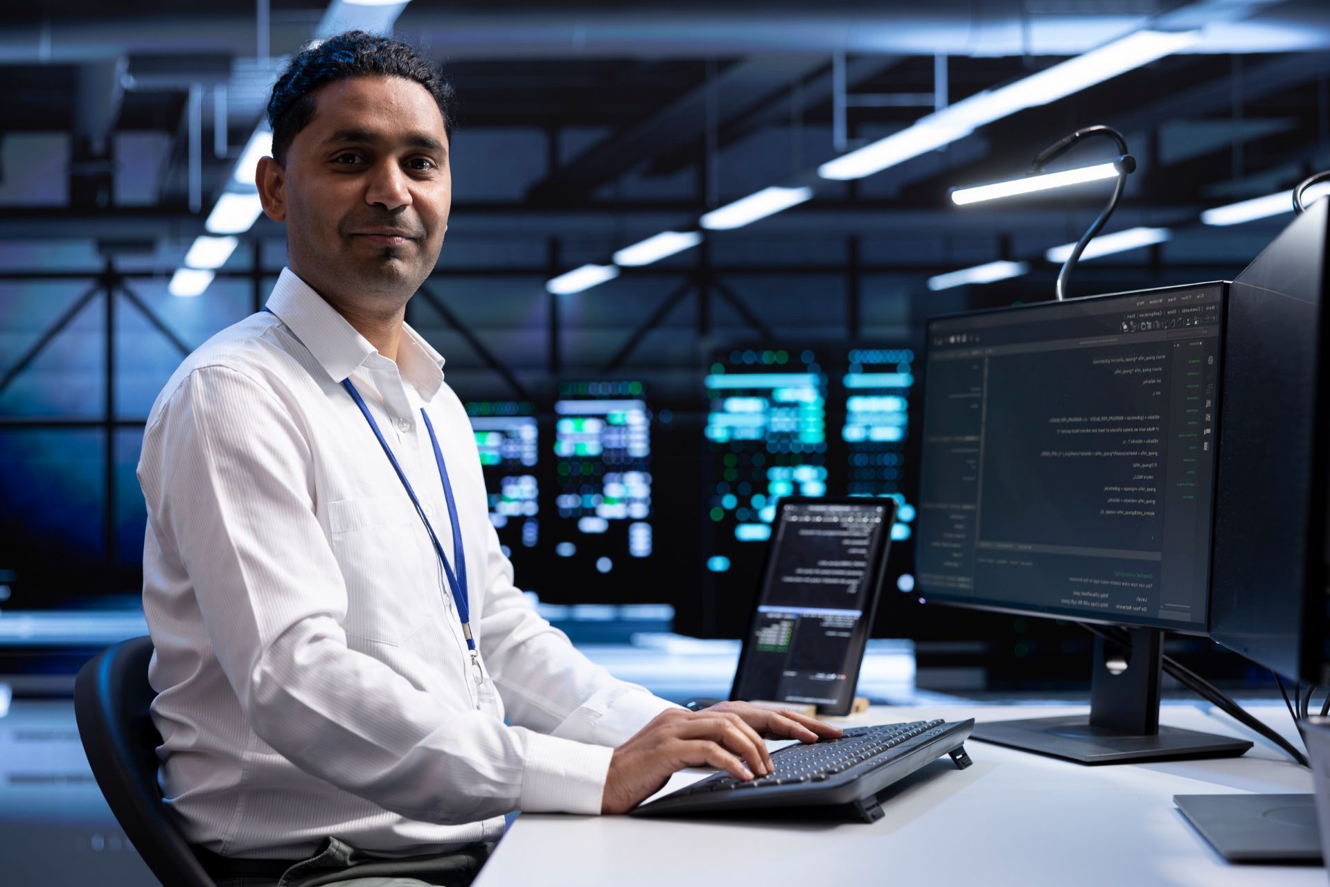Person at a workstation in a modern control room, typing on a laptop beside dual monitors.