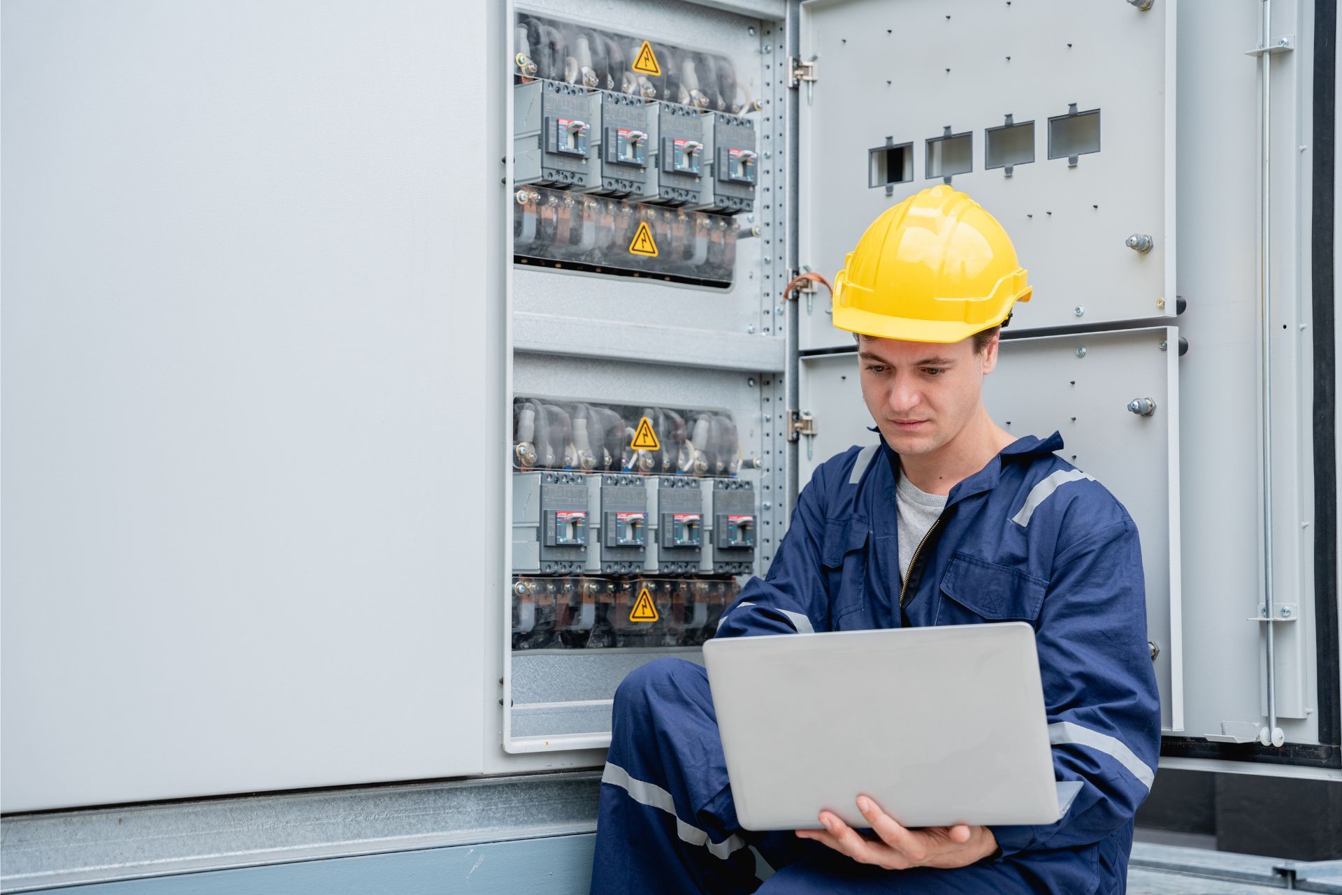 Technician in a yellow hard hat using a laptop beside open electrical control panels