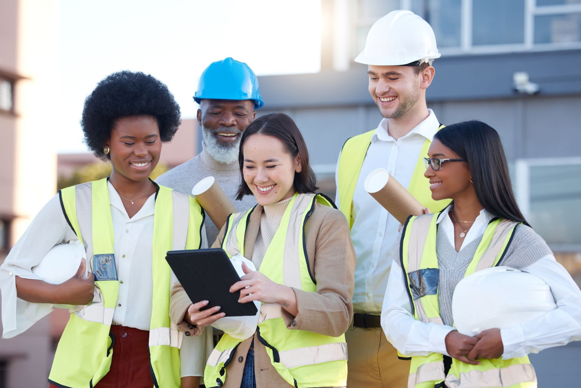 Construction team in reflective vests and hard hats reviewing plans on a tablet outdoors