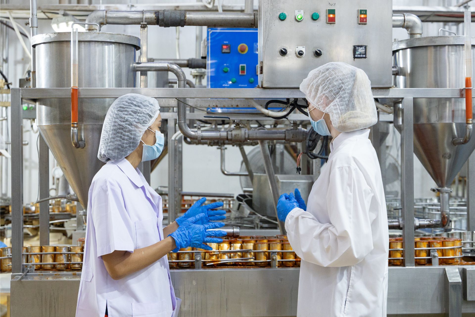 Two workers in hairnets and gloves inspecting machinery in a factory production area