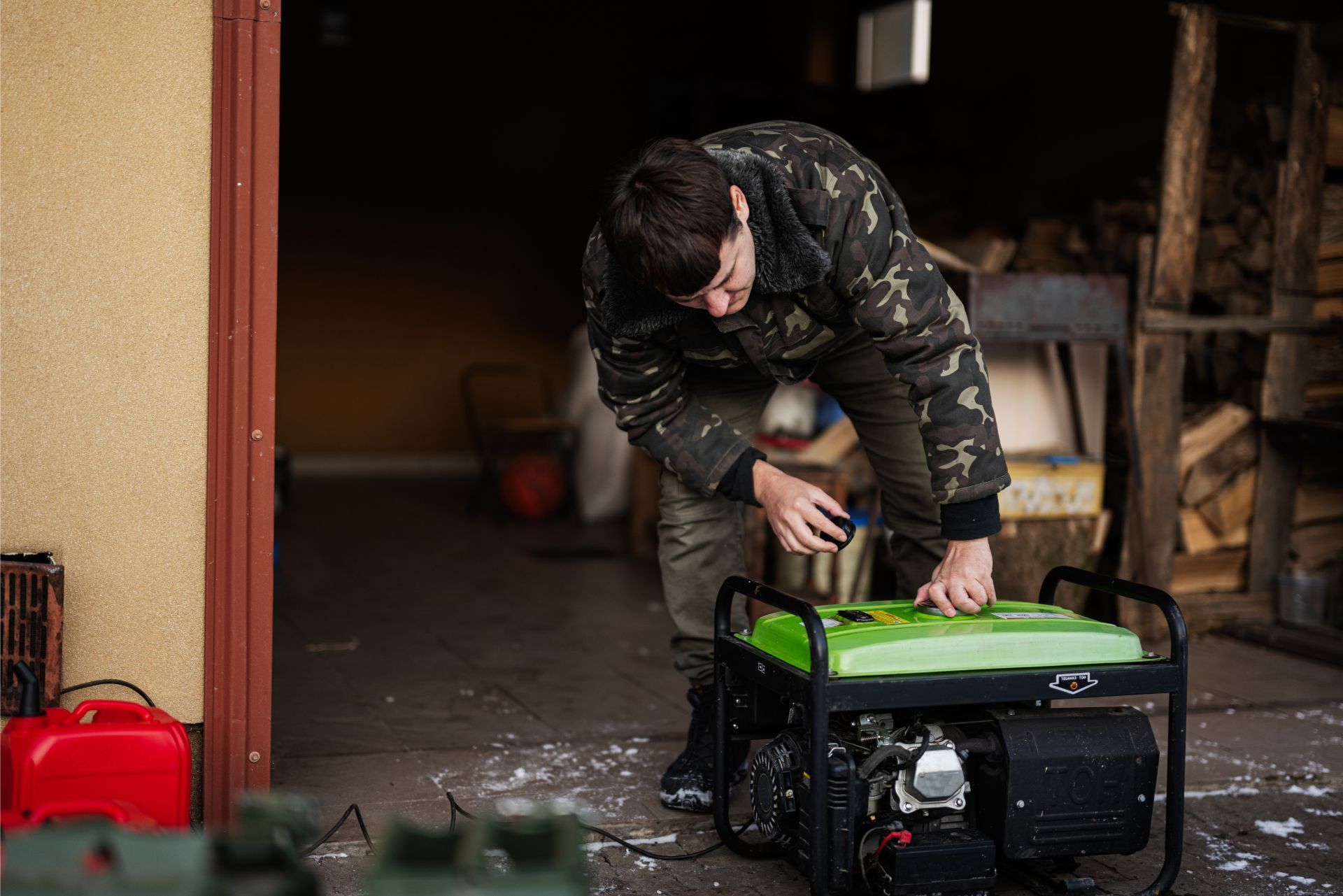 Person bending over a green generator in a garage, with a red gas can nearby.