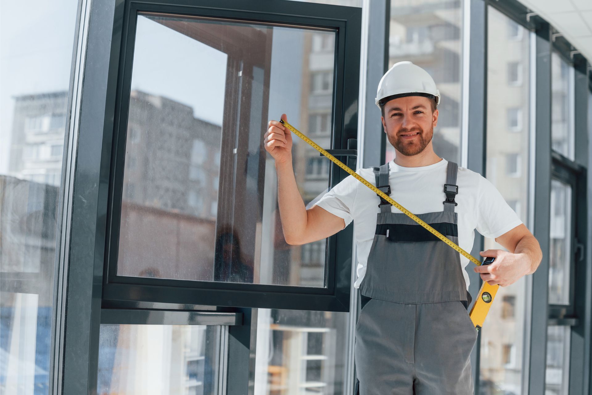 Worker in hard hat measuring a large window frame with a tape measure.