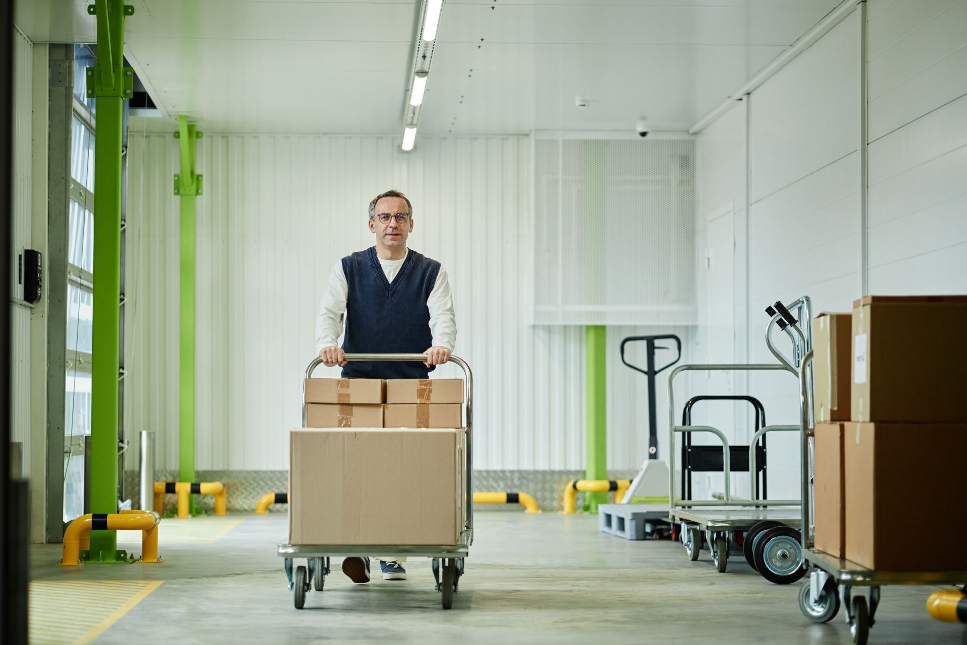 Warehouse worker pushing stacked boxes on a hand truck in a bright storage facility