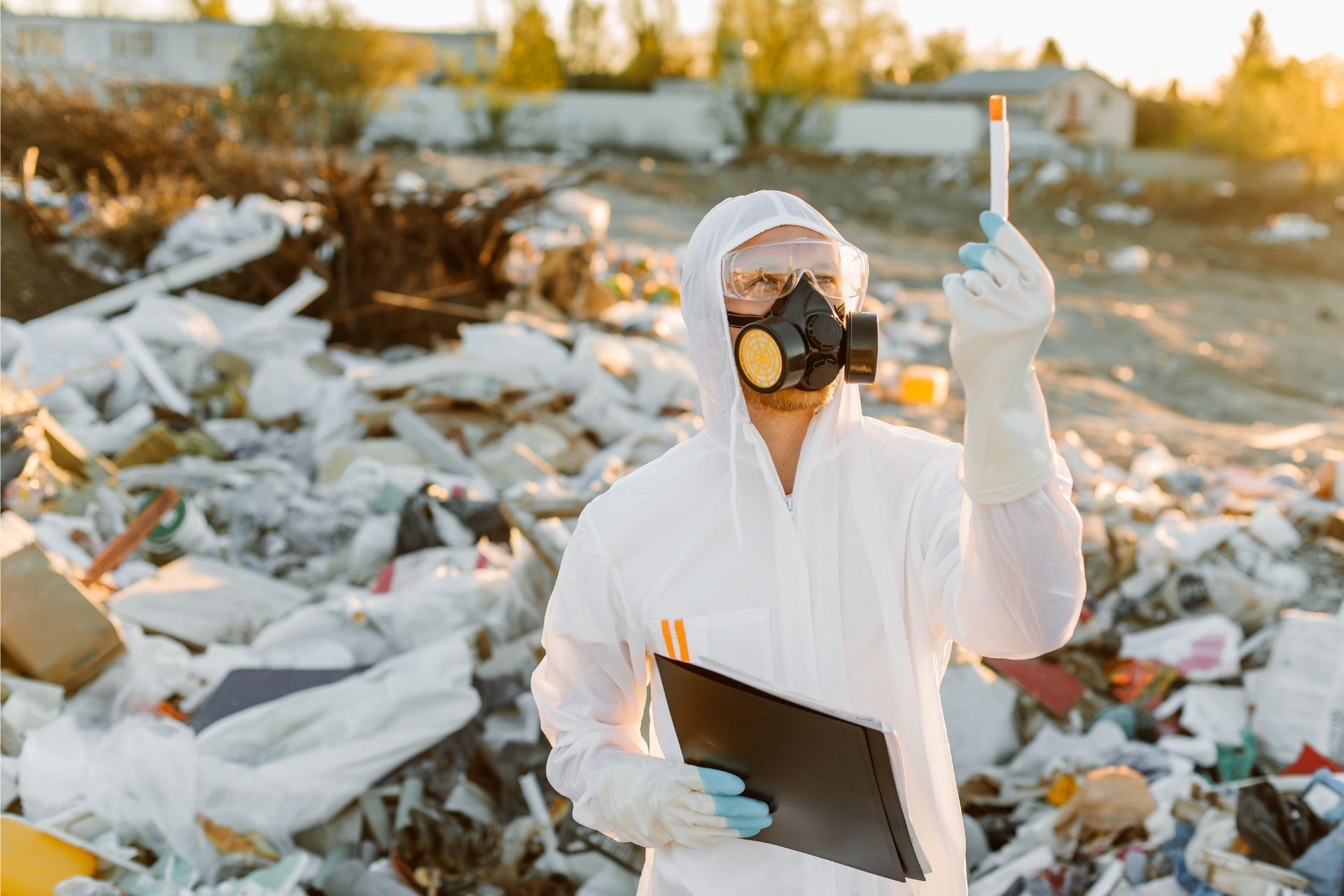 Person in protective suit and mask surveying debris at a landfill, holding a clipboard and pointing upward.