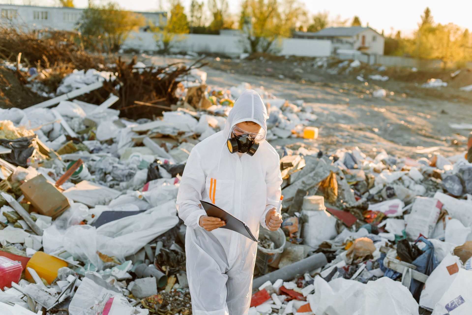 Person in white protective suit and mask standing amid a large pile of debris and trash outdoors.