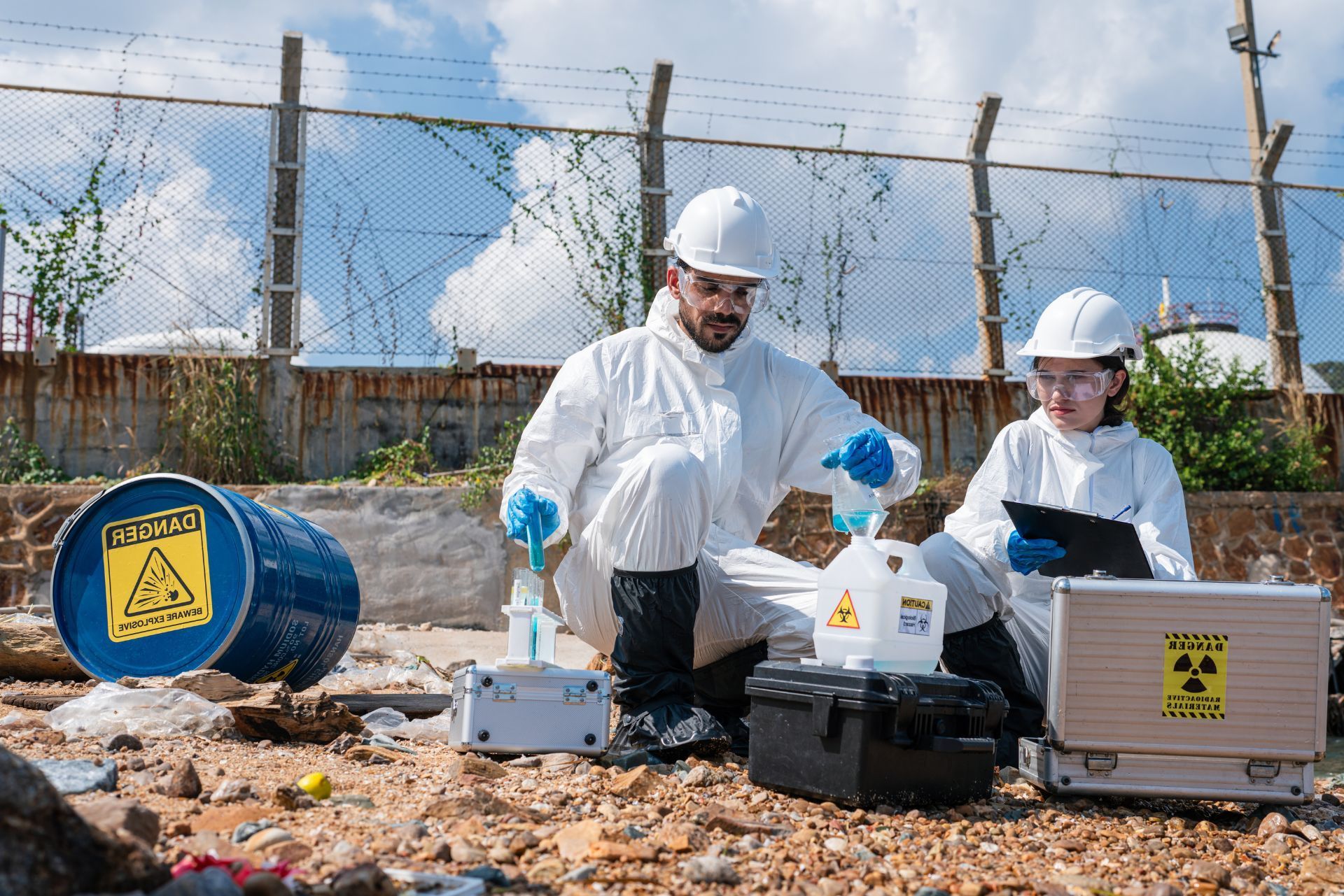Two people in white hazmat suits and helmets examine hazardous waste containers near a fence on a rocky outdoor site.