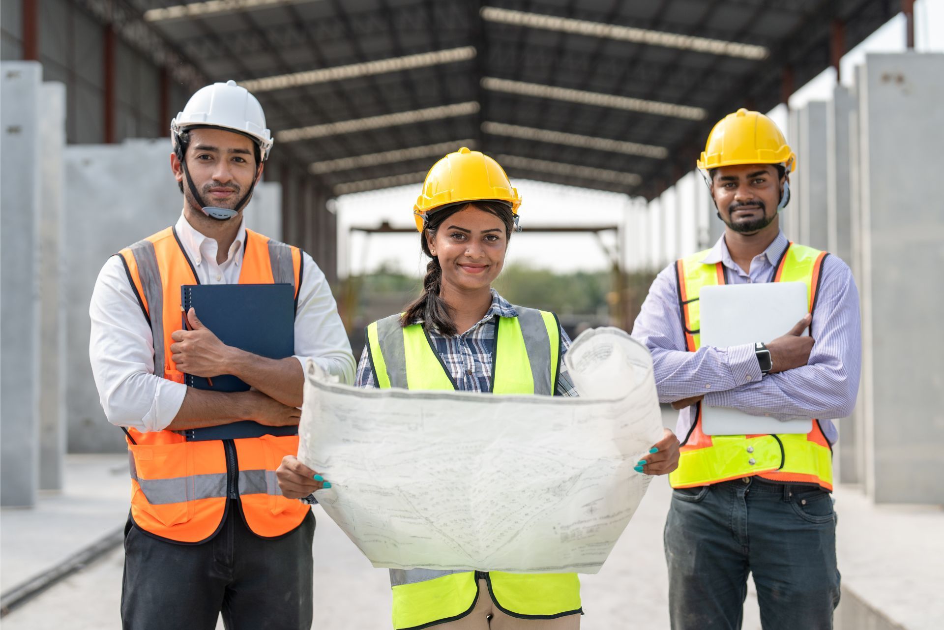 Three construction workers in safety vests and hard hats hold a building blueprint in a warehouse.