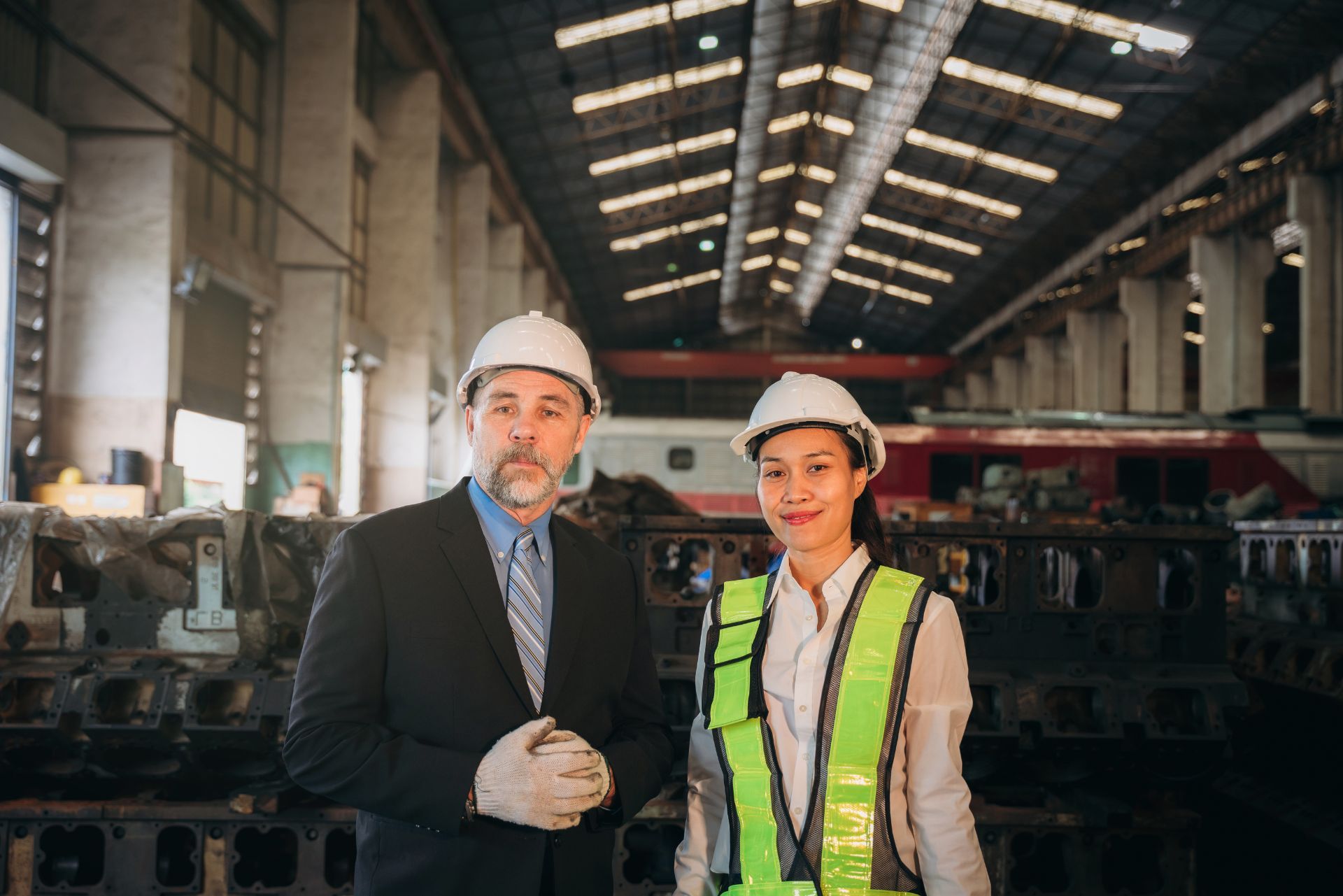 Two factory workers in hard hats and safety vests standing in an industrial warehouse.