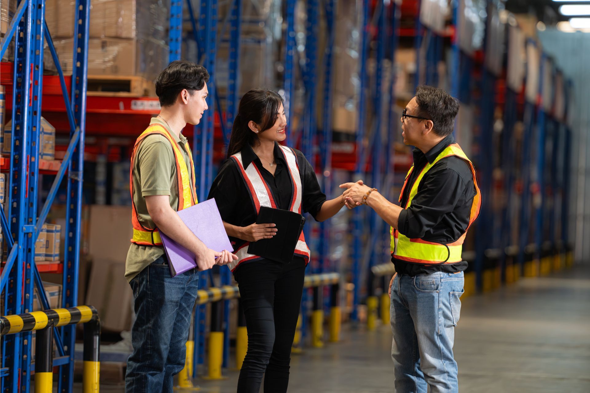 Three people in high-visibility vests talk in a warehouse aisle lined with tall blue storage racks filled with boxes.