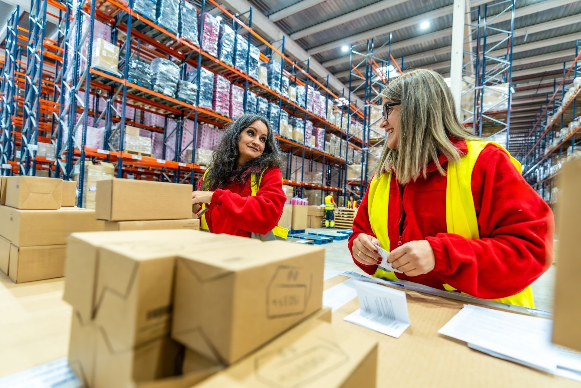 Two workers in red uniforms and yellow safety vests pack boxes in a large warehouse with tall storage shelves.