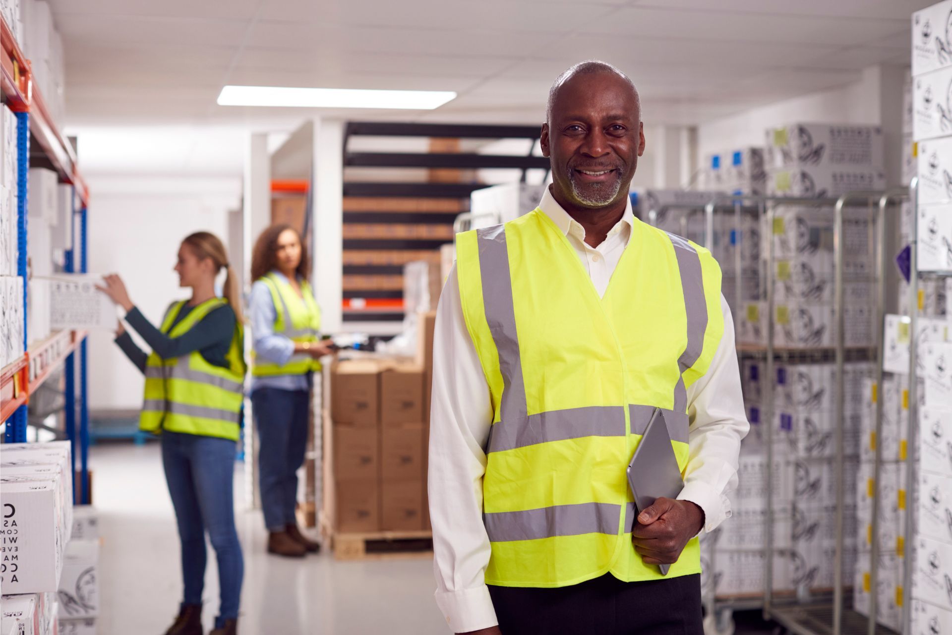 Warehouse worker in a yellow safety vest smiling in an aisle with stacked boxes and shelves