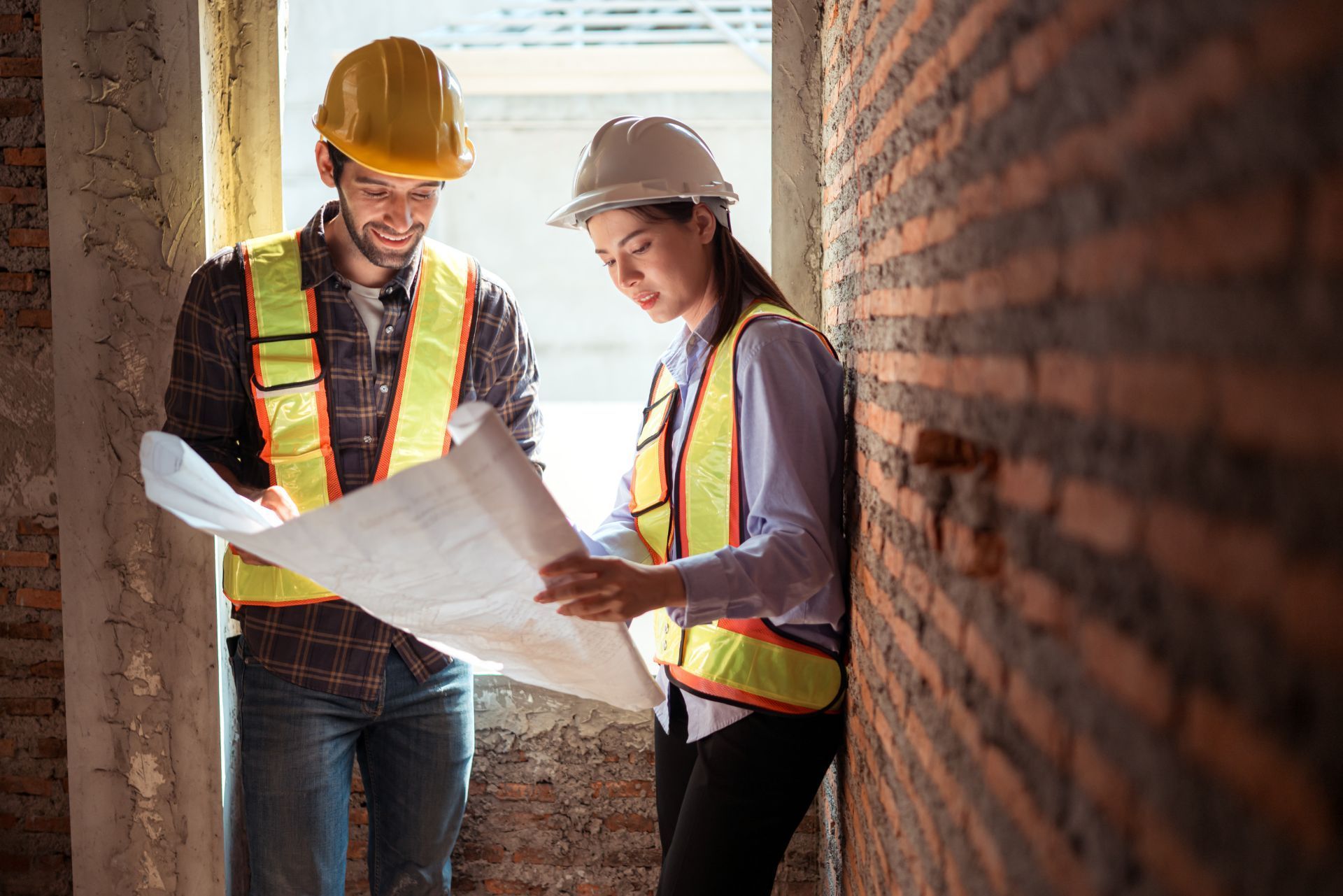 Two construction workers in hard hats review blueprints in a narrow unfinished room.