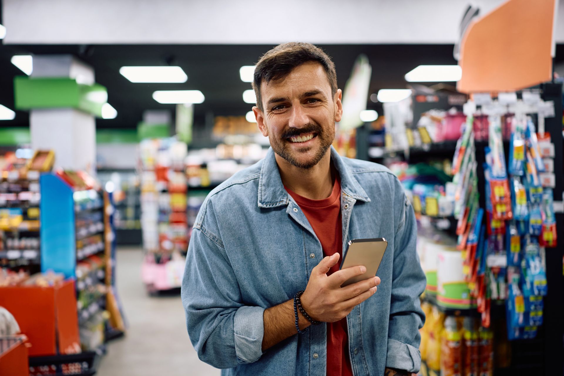 Smiling shopper holding a phone in a colorful store aisle